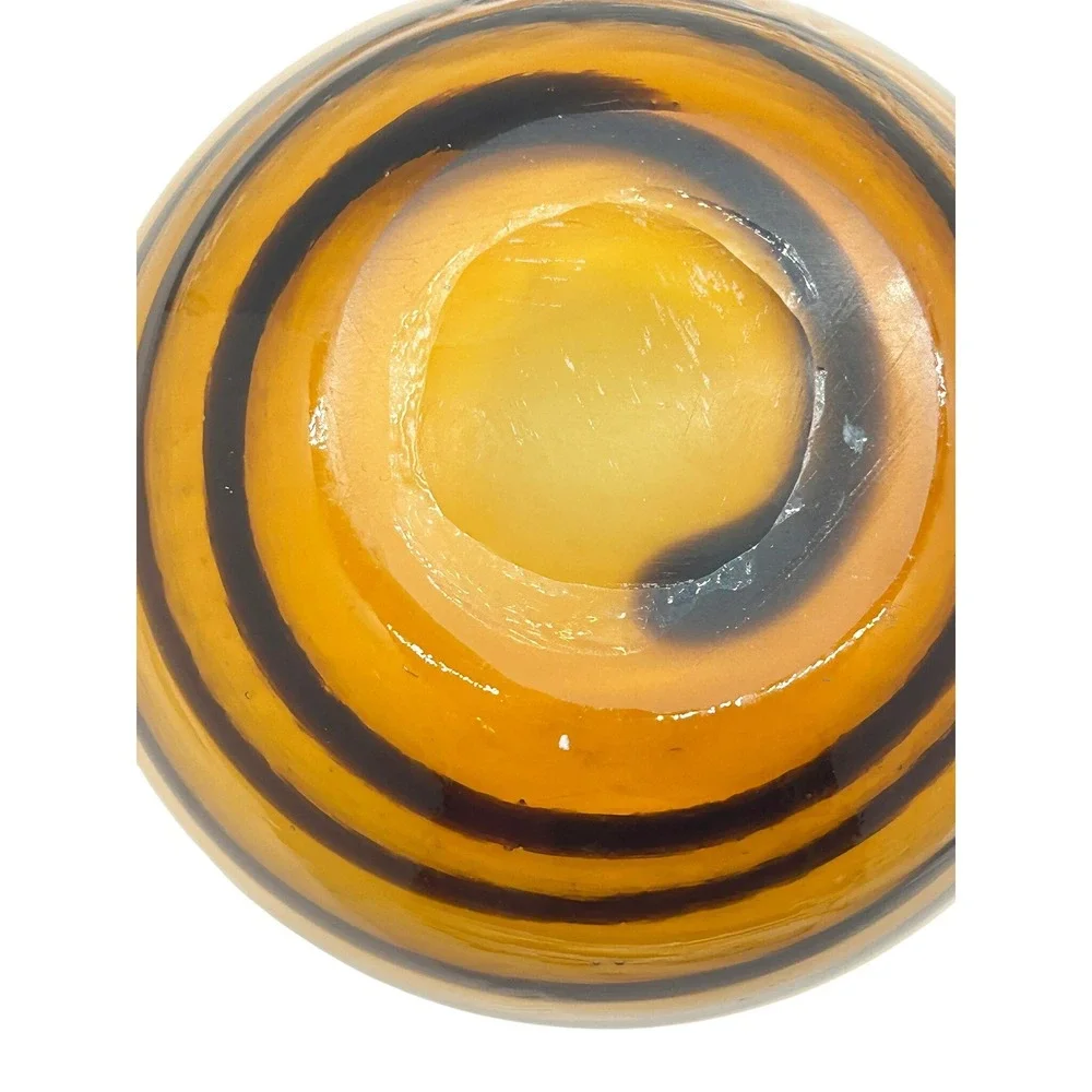 Hand Blown Amber Brown Striped Studio Art Glass Round Bulbous Bowl Votive Holder